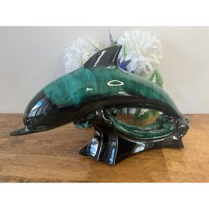 Vintage Blue Mountain Pottery Dolphin Figurine Large Green Drip‎ Glaze Sculpture